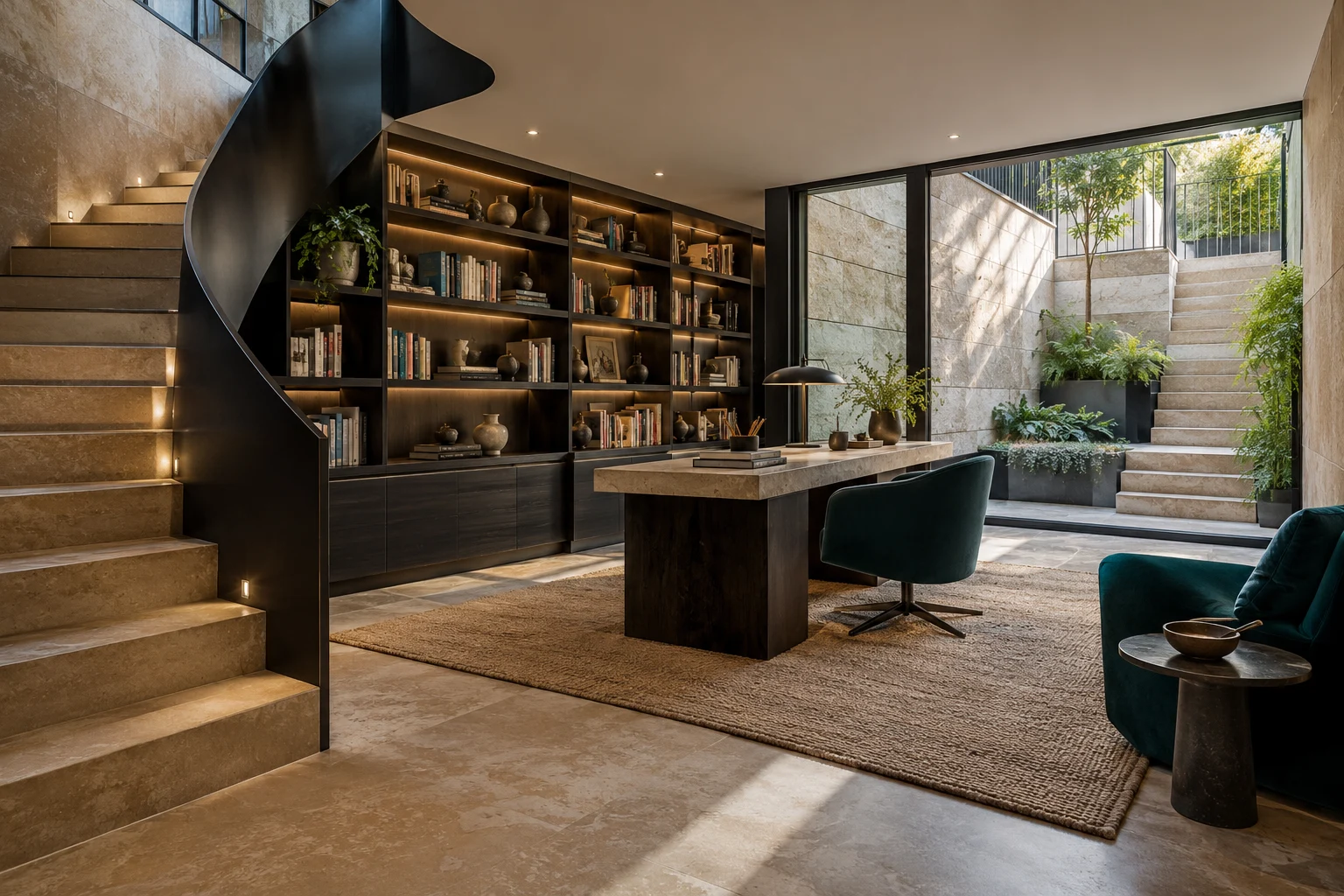 Illustrative basement interior with a stair and sunken lightwell in sandstone, black steel and teal