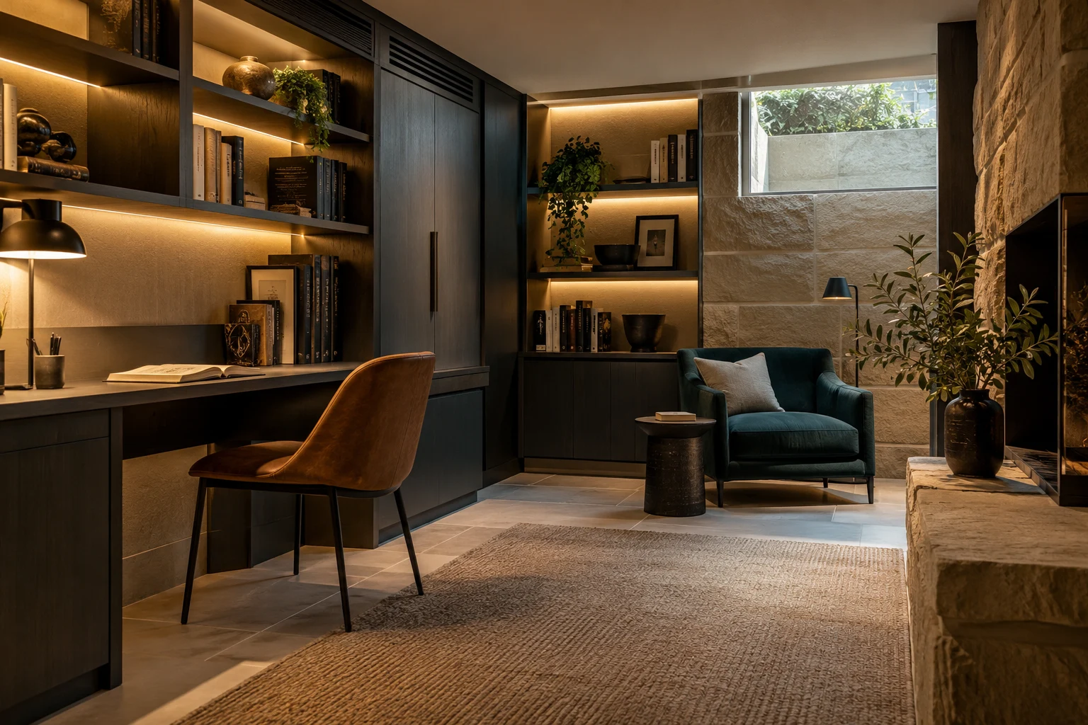 Illustrative basement library and desk space detail with integrated cabinetry, lighting and ventilation
