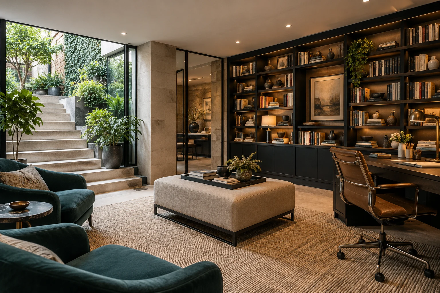 Illustrative basement library and desk space in sandstone, black steel and teal