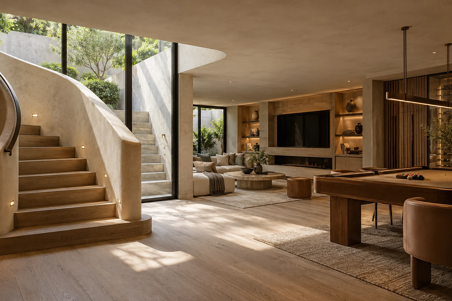 Illustrative basement interior with a stair and sunken lightwell in chalk plaster, oak and saddle leather