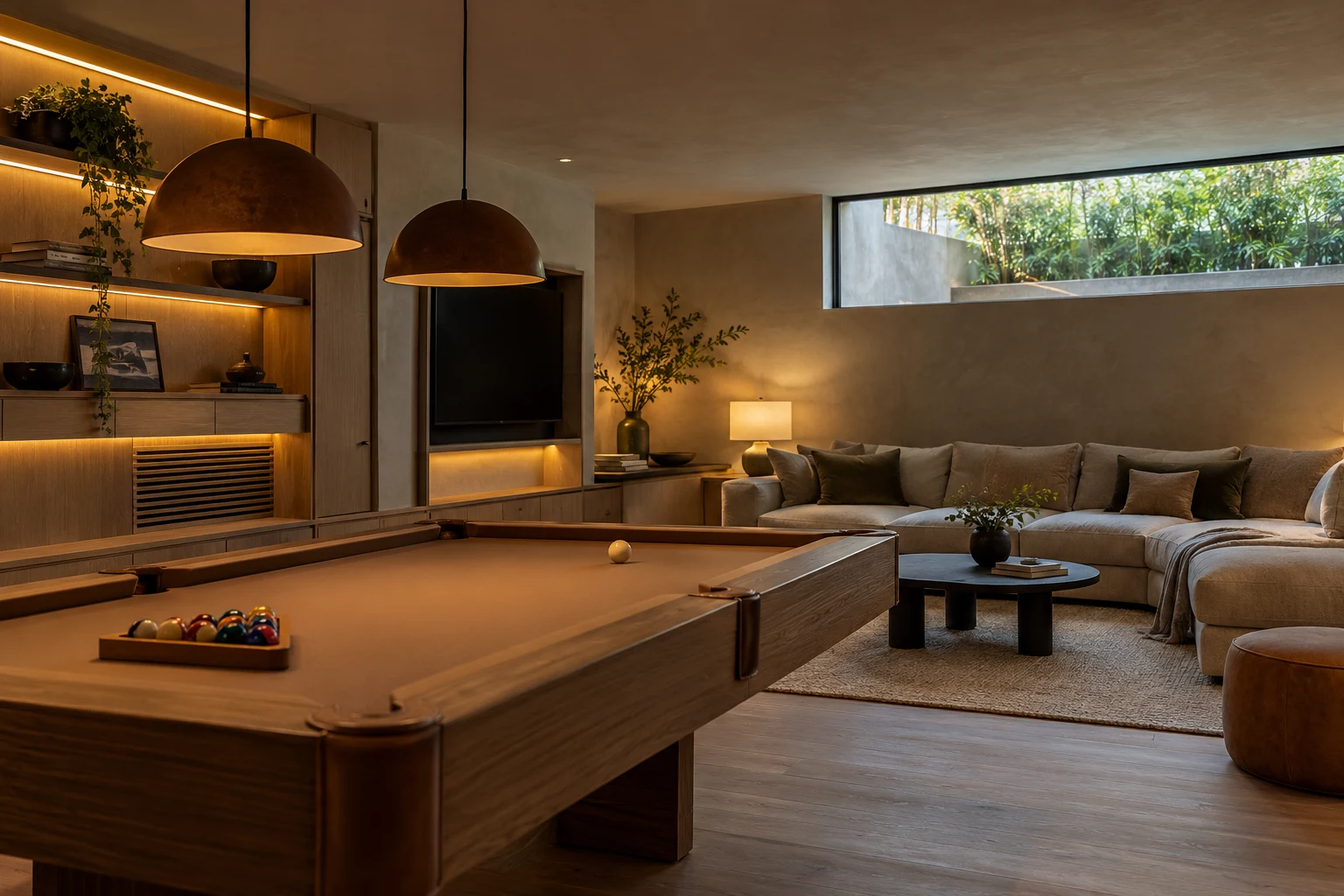 Illustrative basement family room and games table detail with integrated cabinetry, lighting and ventilation
