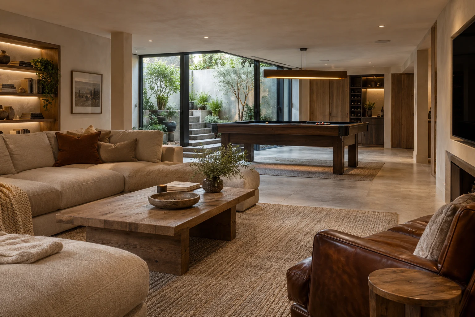 Illustrative basement family room and games table in chalk plaster, oak and saddle leather
