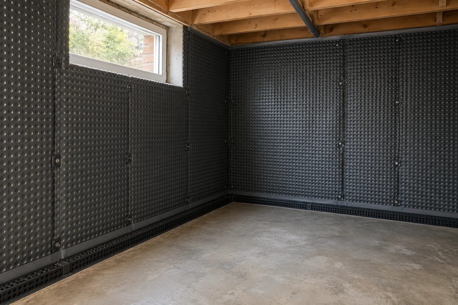 Illustrative basement cavity-drain membrane and perimeter drainage detail