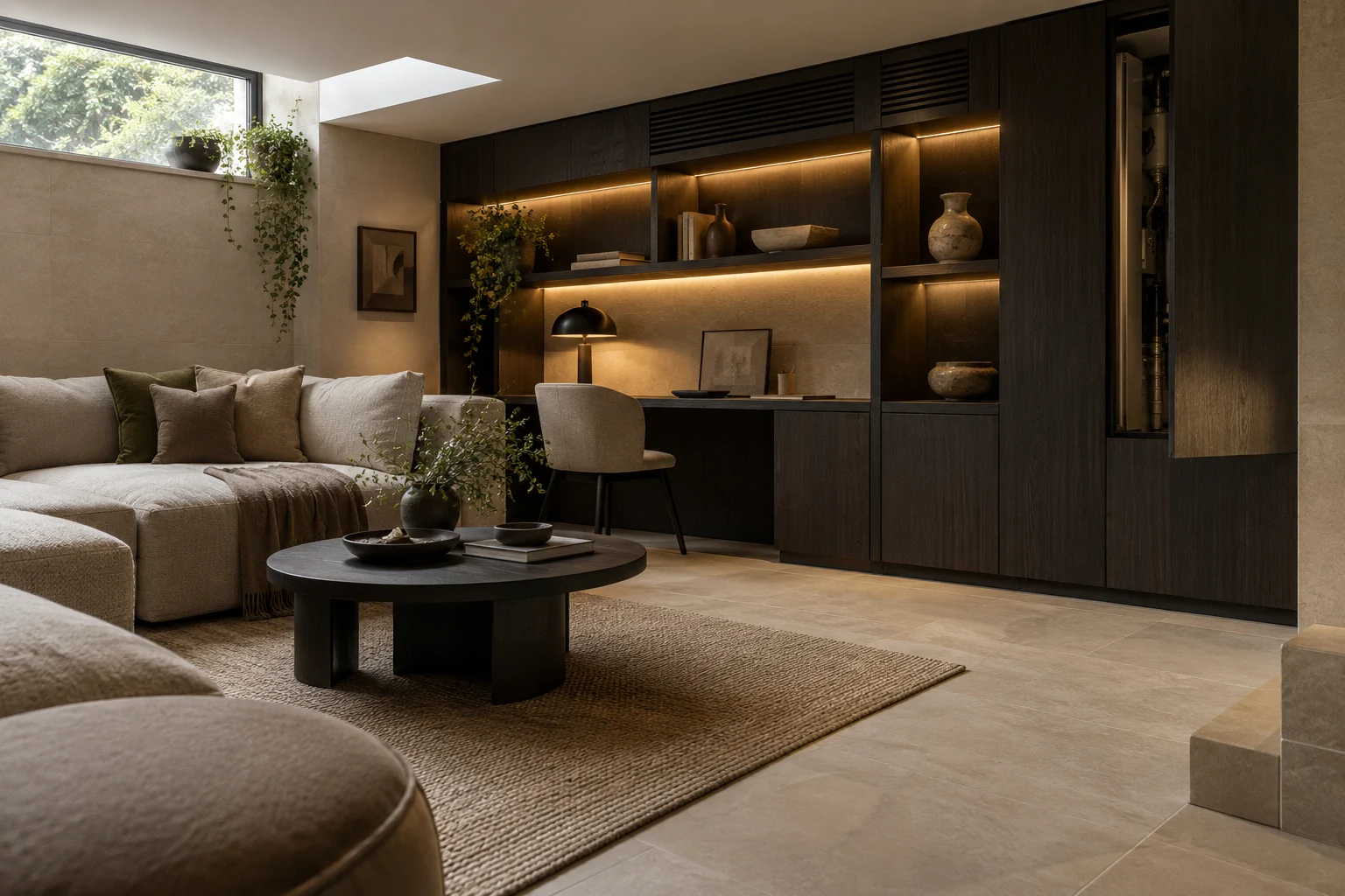 Illustrative basement flexible work and leisure room detail with integrated cabinetry, lighting and ventilation