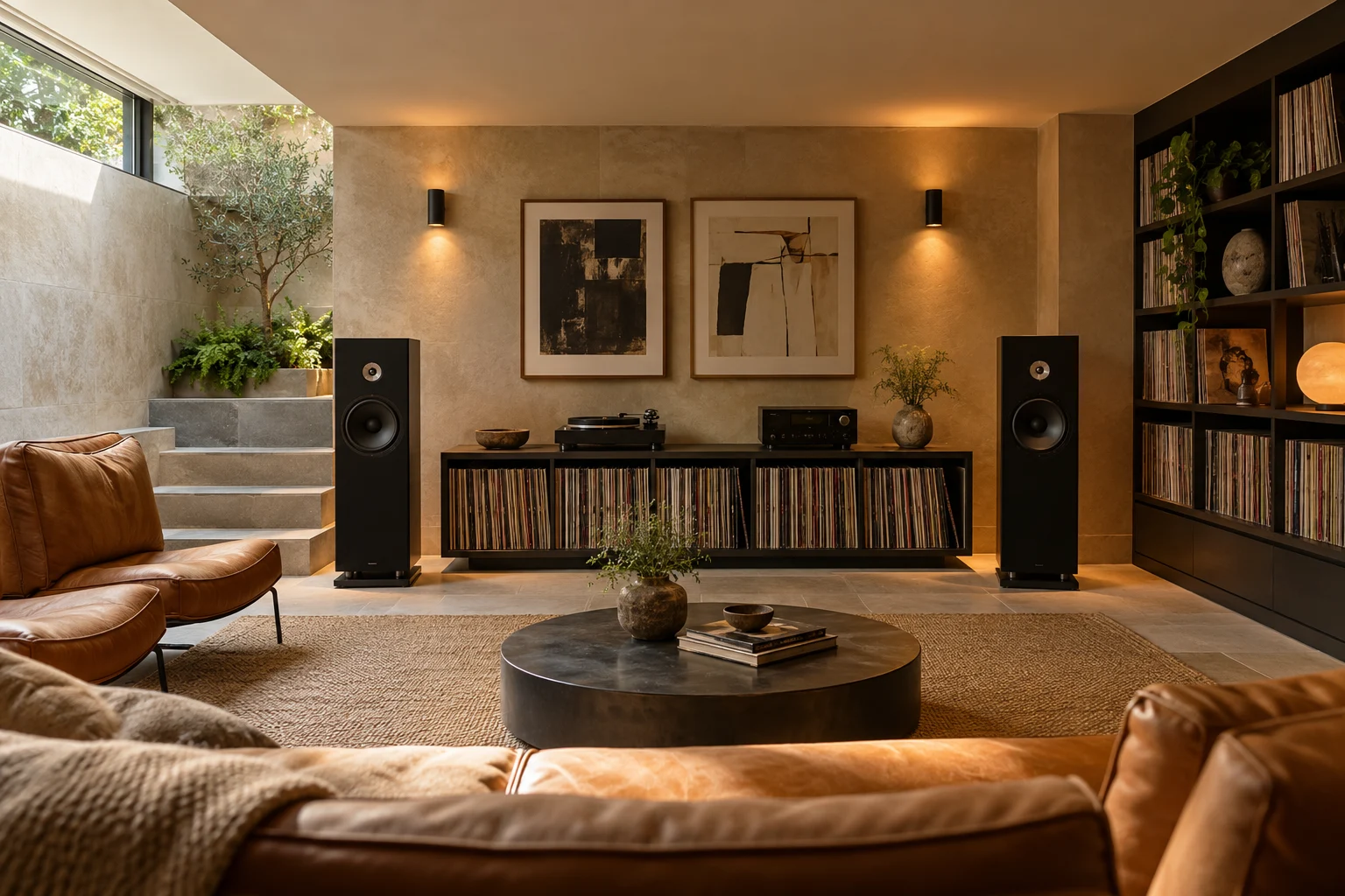 Illustrative basement music listening room in sandstone, black steel and caramel
