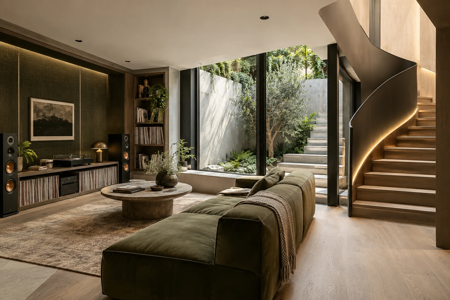 Illustrative basement interior with a stair and sunken lightwell in pale ash, charcoal and olive