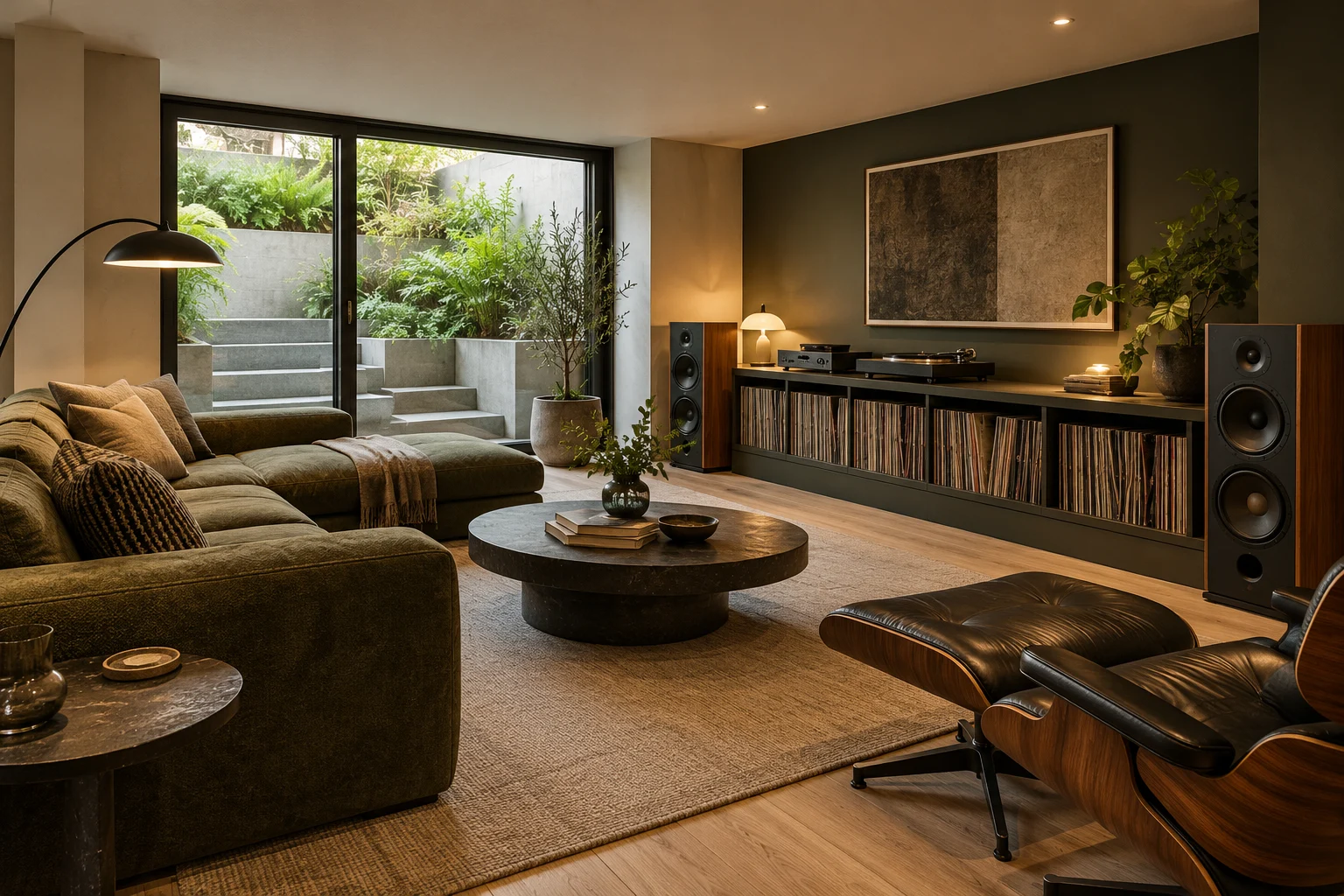 Illustrative basement music listening room in pale ash, charcoal and olive
