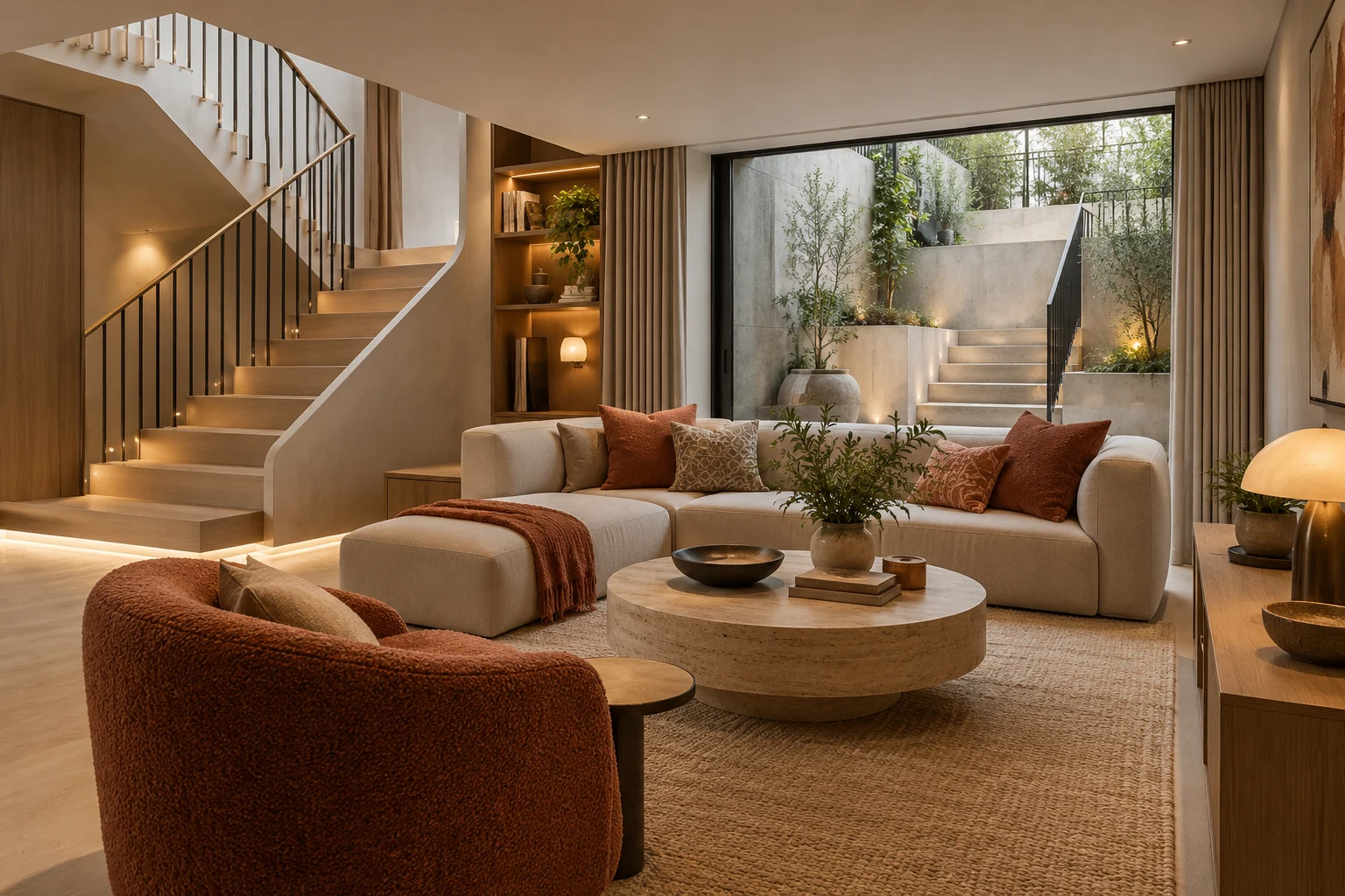 Illustrative basement interior with a stair and sunken lightwell in warm grey, maple and terracotta