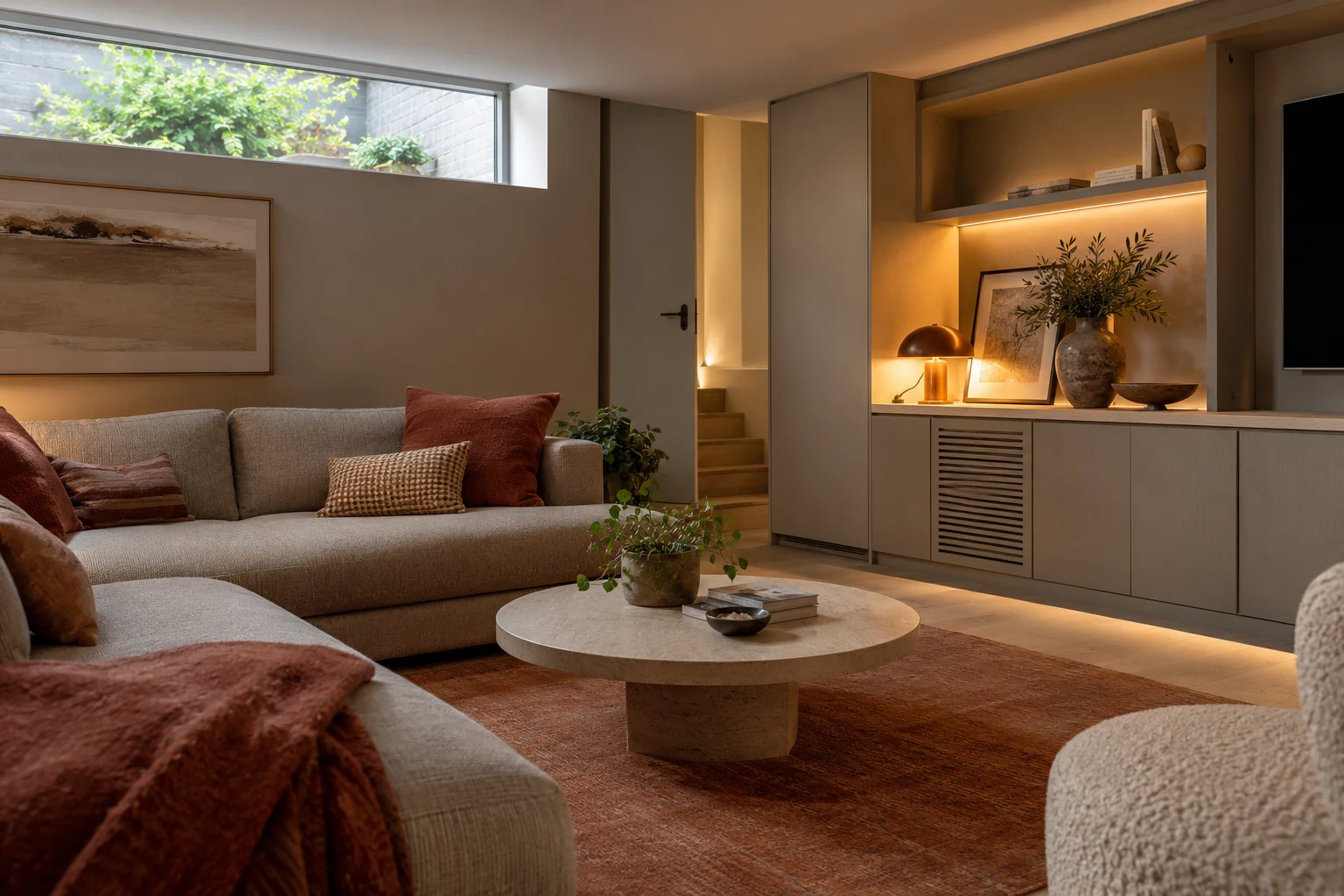 Illustrative basement family sitting room detail with integrated cabinetry, lighting and ventilation