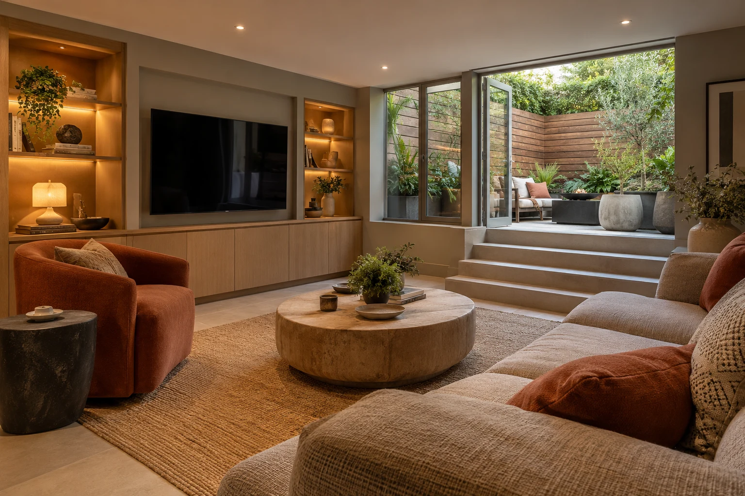 Illustrative basement family sitting room in warm grey, maple and terracotta