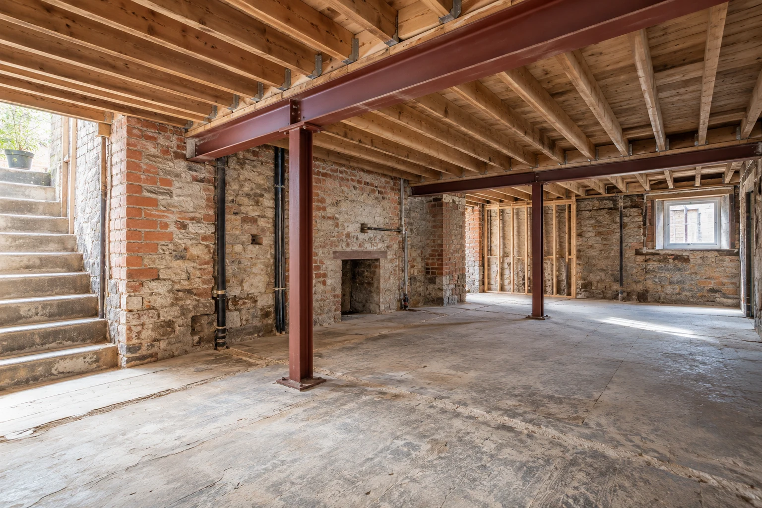 Illustrative brick basement structural preparation with a supported steel beam