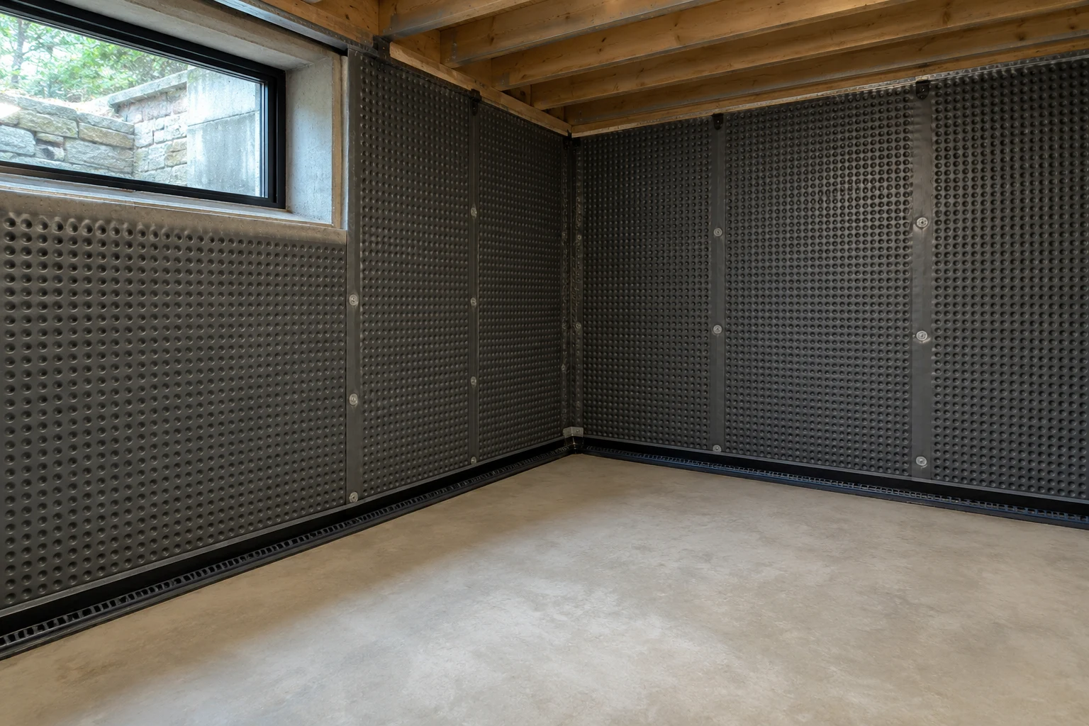 Illustrative basement cavity-drain membrane and perimeter drainage detail