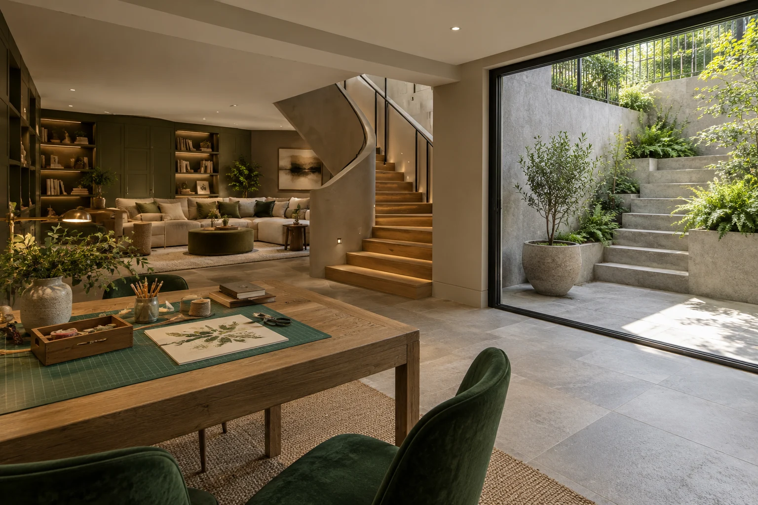 Illustrative basement interior with a stair and sunken lightwell in warm grey, oak and forest green