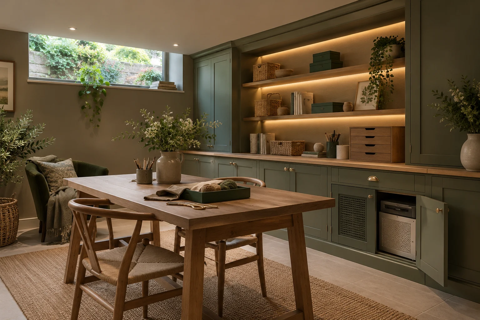 Illustrative basement craft and leisure room detail with integrated cabinetry, lighting and ventilation