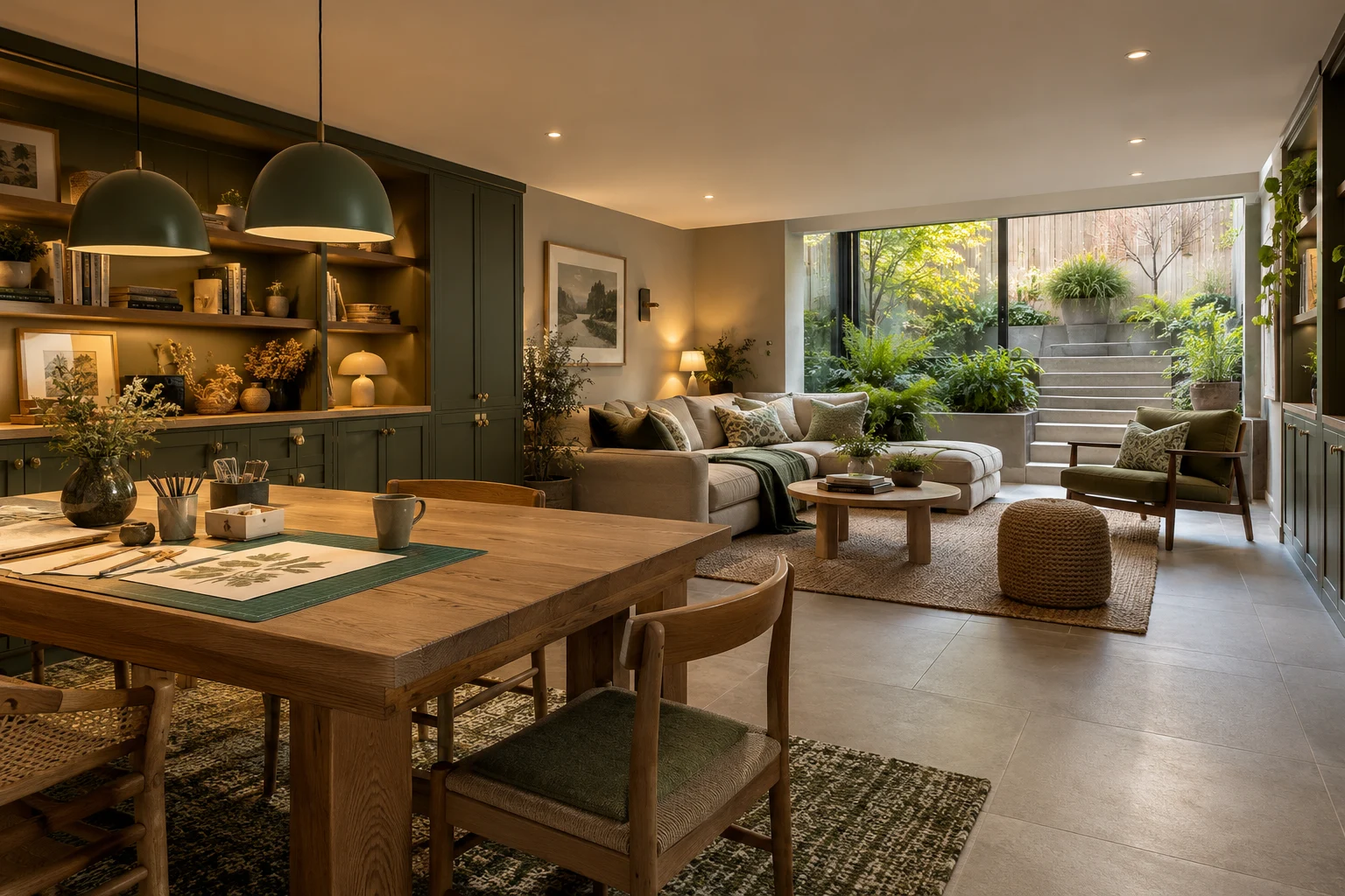 Illustrative basement craft and leisure room in warm grey, oak and forest green
