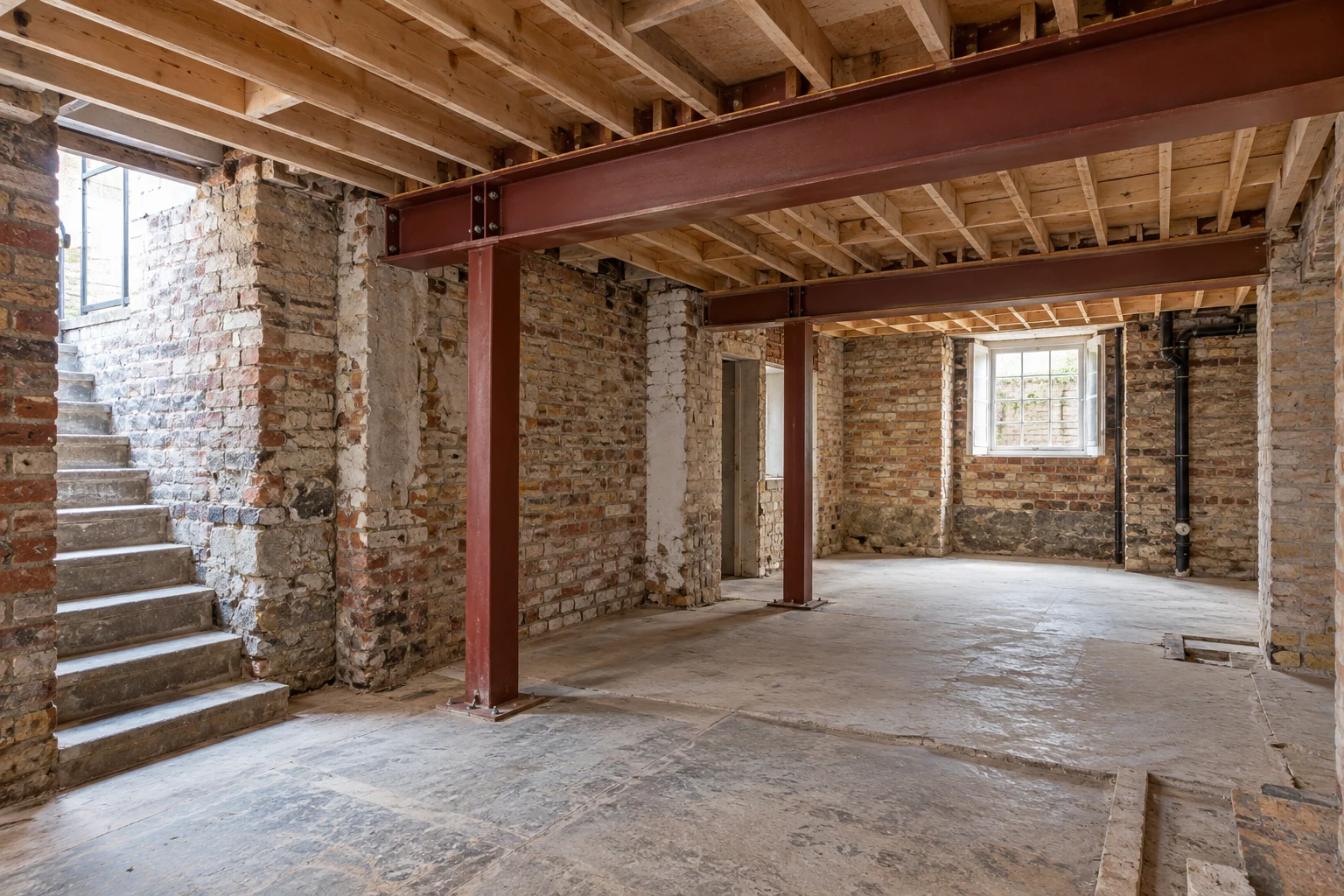 Illustrative brick basement structural preparation with a supported steel beam