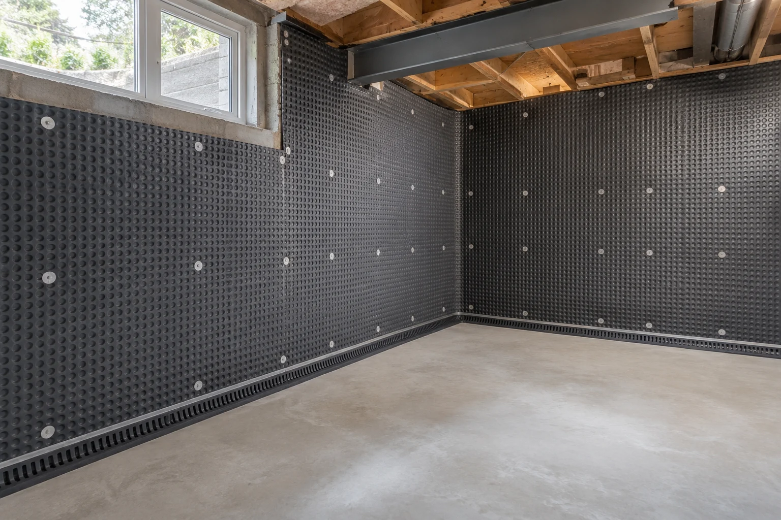 Illustrative basement cavity-drain membrane and perimeter drainage detail