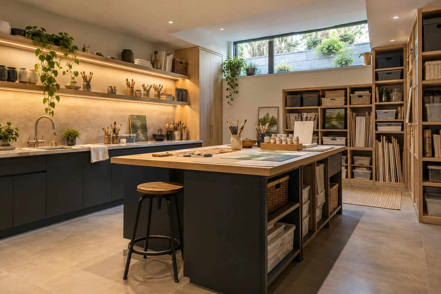 Illustrative basement craft and painting workroom in warm stone, maple and charcoal