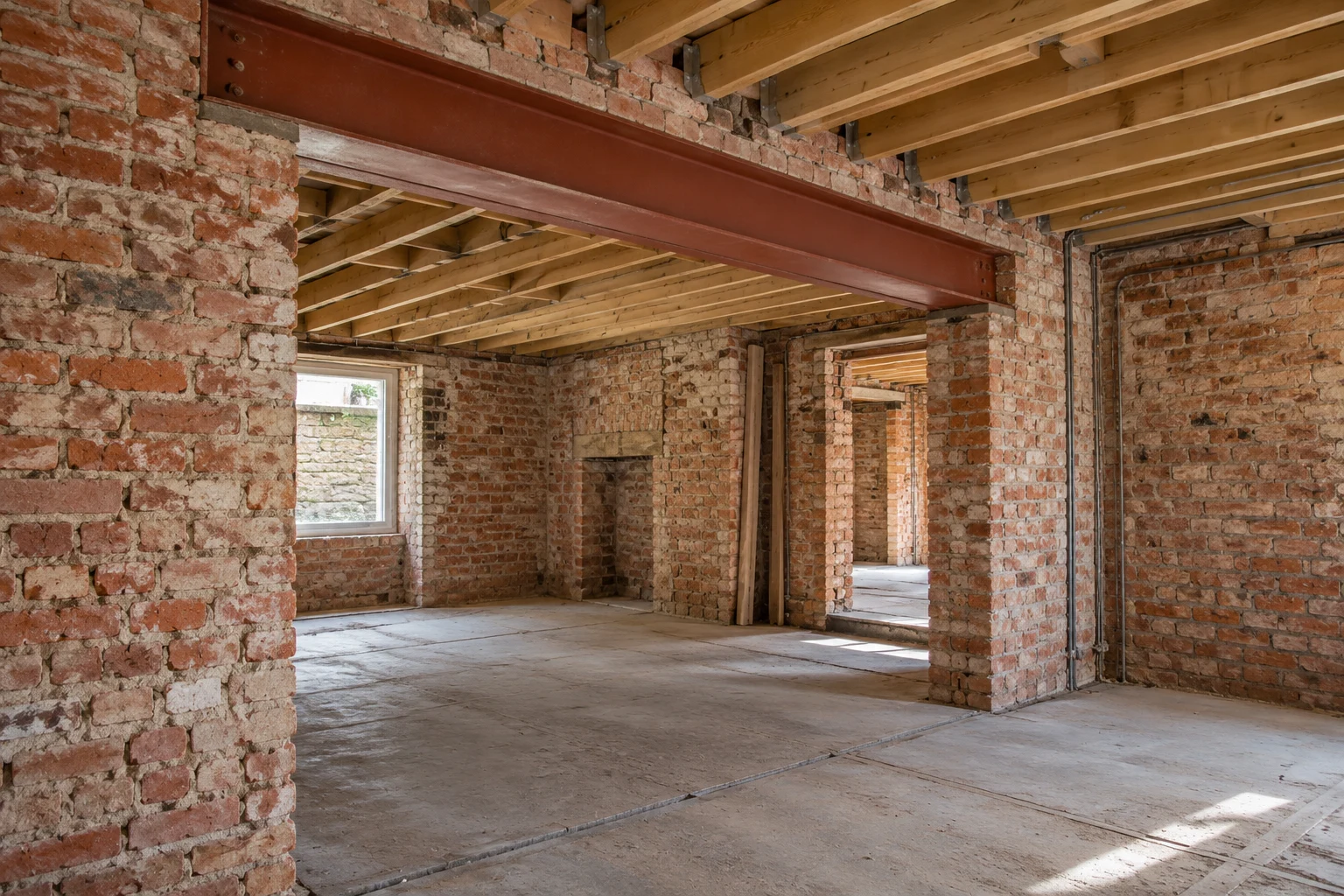 Illustrative brick basement structural preparation with a supported steel beam