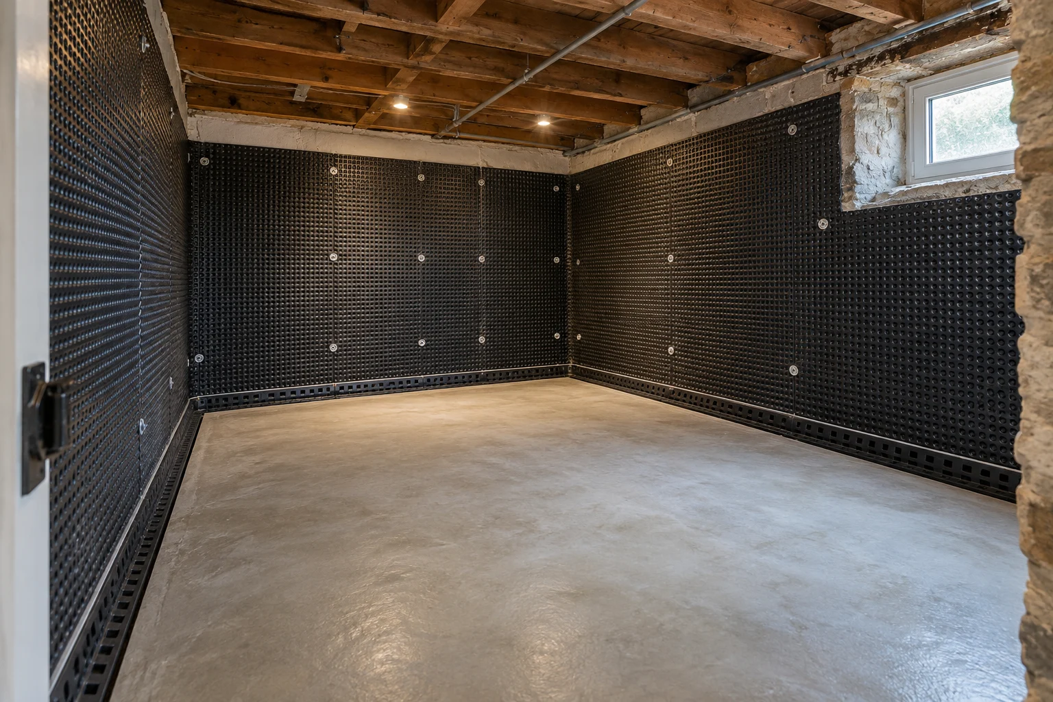 Illustrative basement cavity-drain membrane and perimeter drainage detail