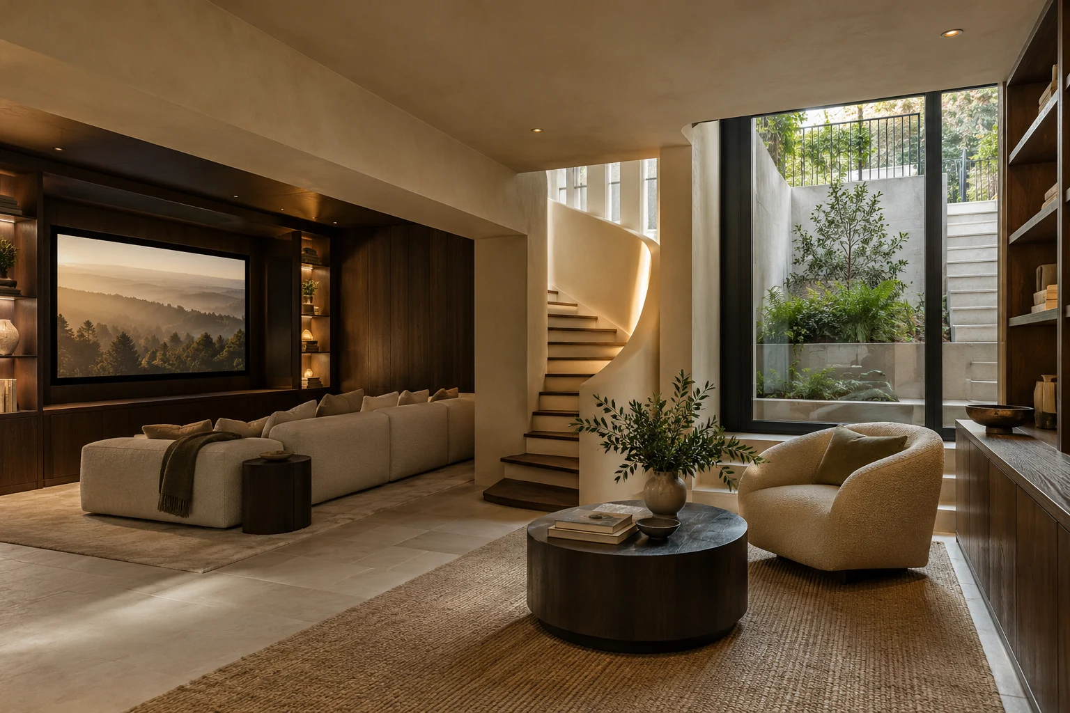 Illustrative basement interior with a stair and sunken lightwell in clay plaster, dark oak and cream