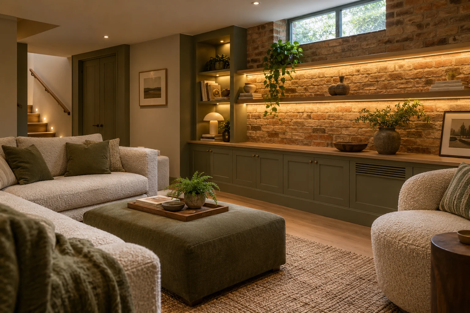Illustrative basement family sitting room detail with integrated cabinetry, lighting and ventilation