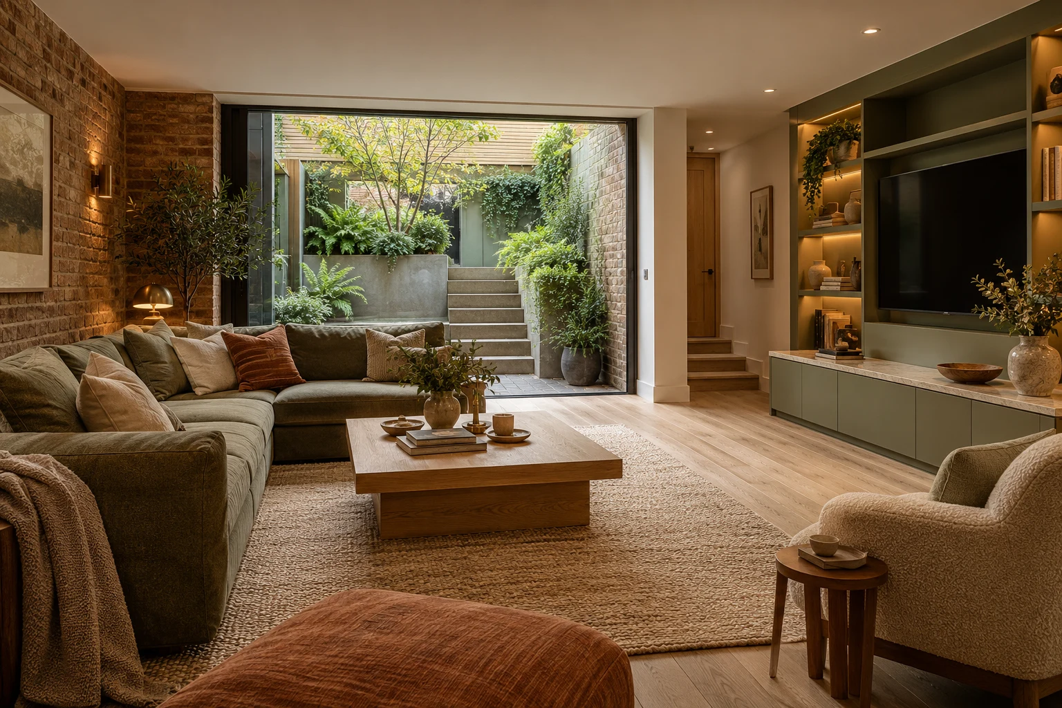 Illustrative basement family sitting room in warm brick, natural oak and sage