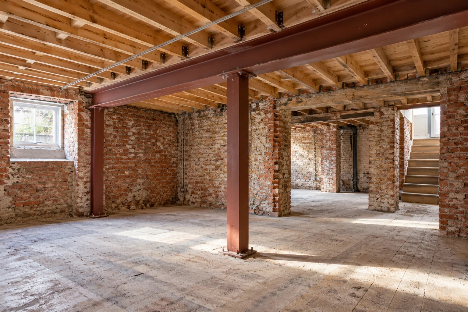 Illustrative brick basement structural preparation with a supported steel beam