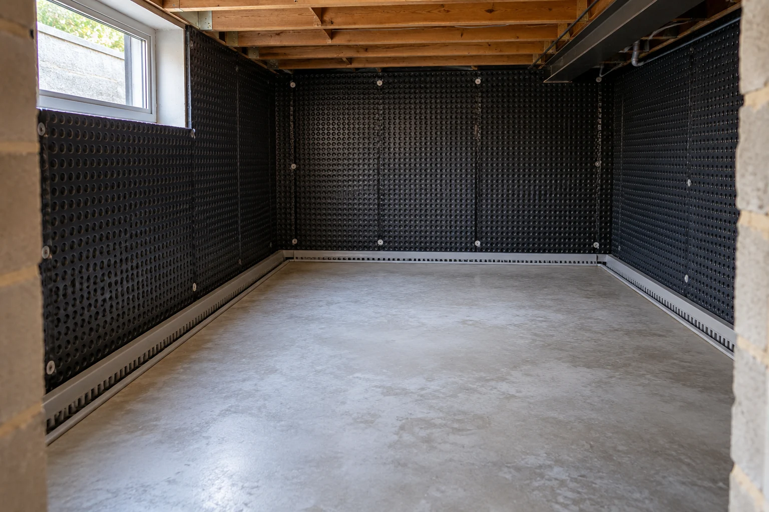 Illustrative basement cavity-drain membrane and perimeter drainage detail