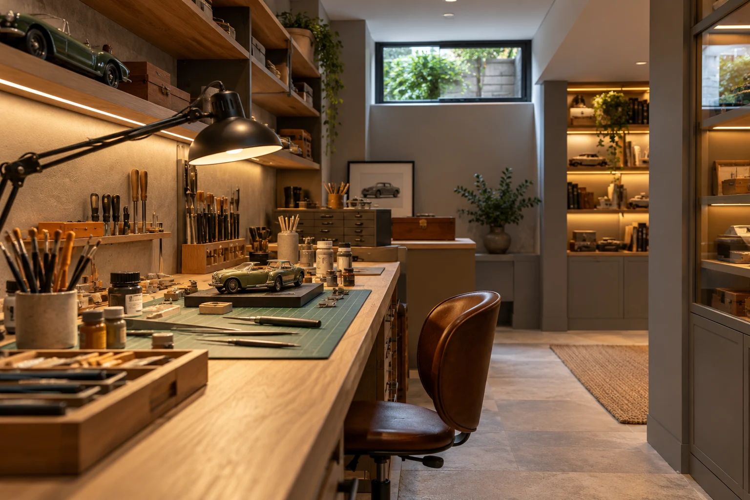 Illustrative basement model-making workroom detail with integrated cabinetry, lighting and ventilation