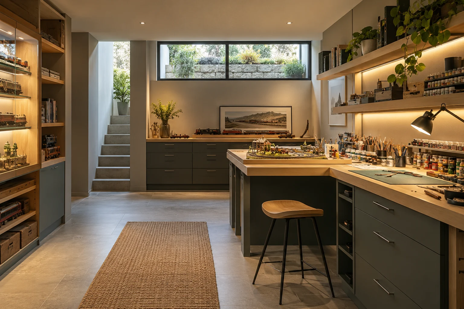 Illustrative basement model-making workroom in soft grey, oak and ochre
