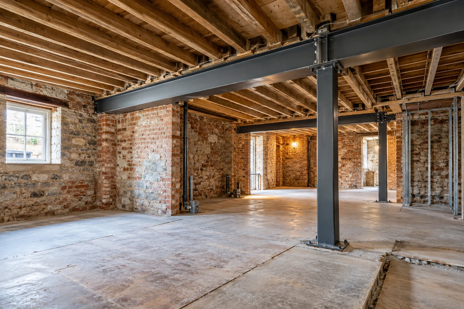 Illustrative brick basement structural preparation with a supported steel beam