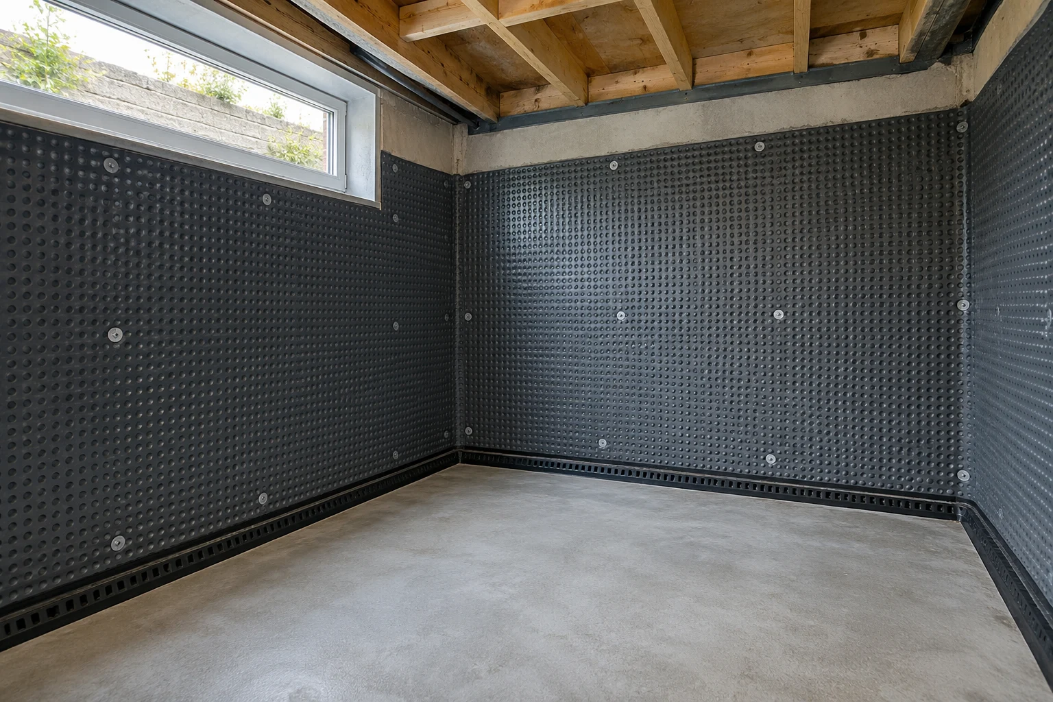 Illustrative basement cavity-drain membrane and perimeter drainage detail