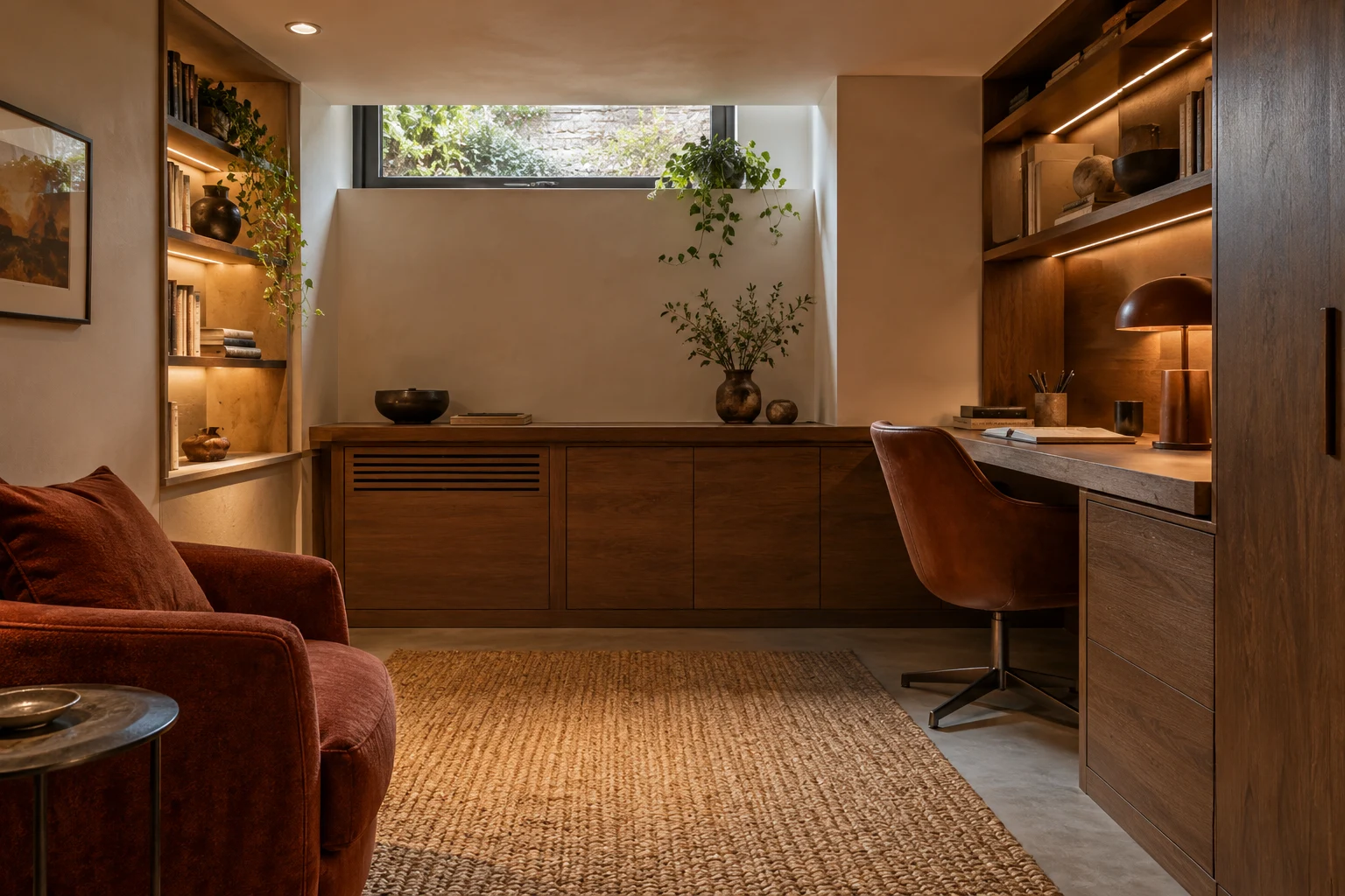 Illustrative basement quiet home study detail with integrated cabinetry, lighting and ventilation