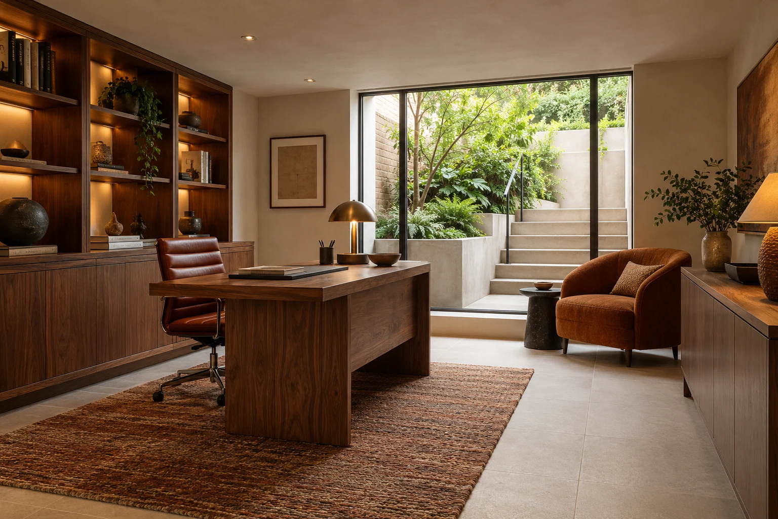 Illustrative basement quiet home study in ivory plaster, walnut and rust
