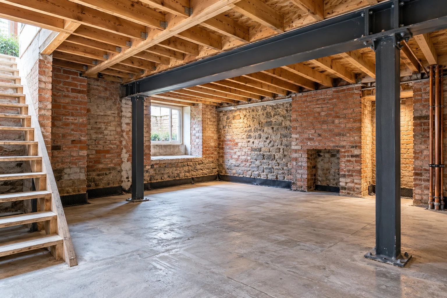 Illustrative brick basement structural preparation with a supported steel beam