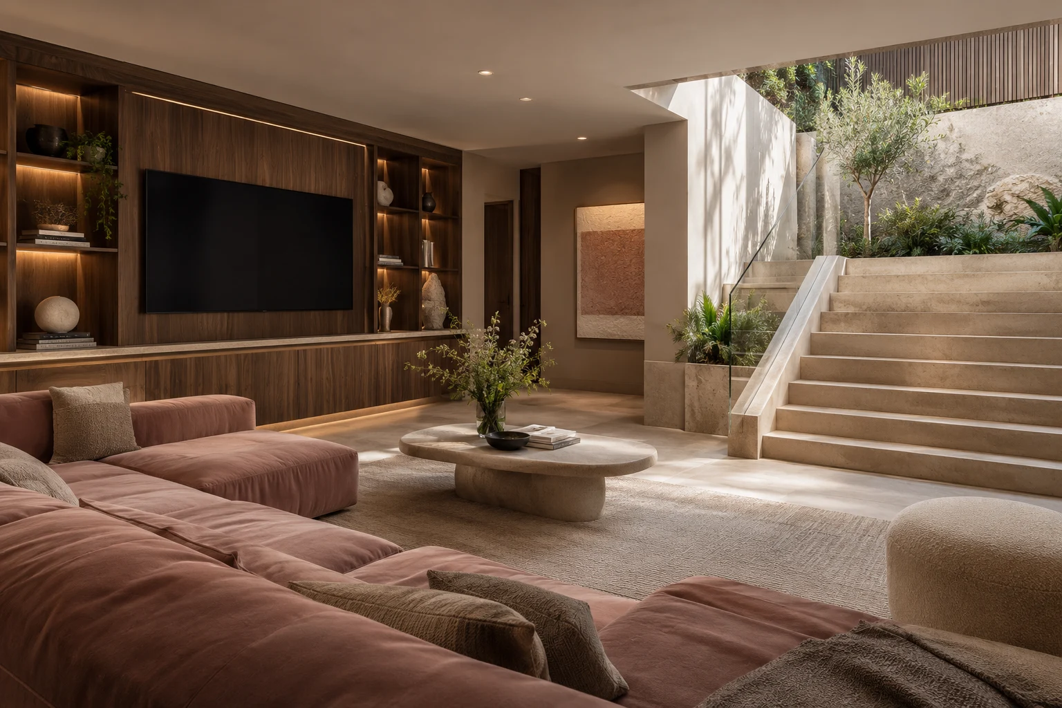 Illustrative basement interior with a stair and sunken lightwell in pale stone, walnut and muted rose