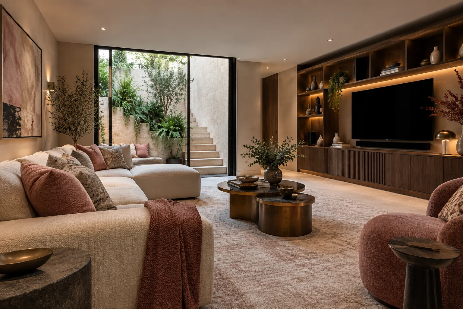 Illustrative basement media room in pale stone, walnut and muted rose