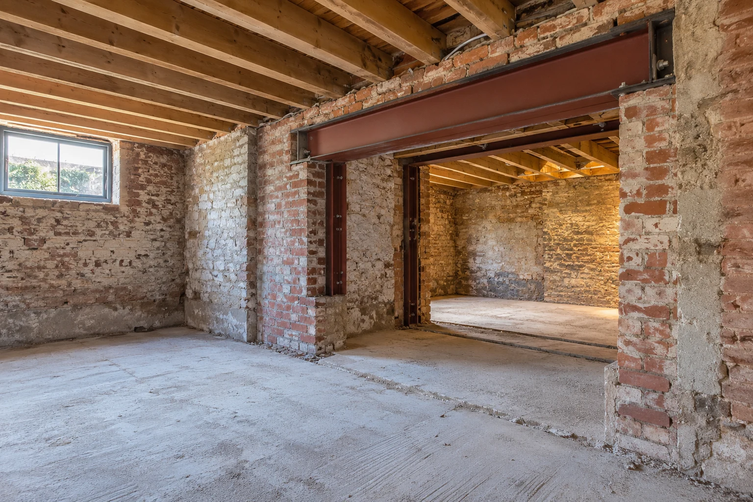 Illustrative brick basement structural preparation with a supported steel beam