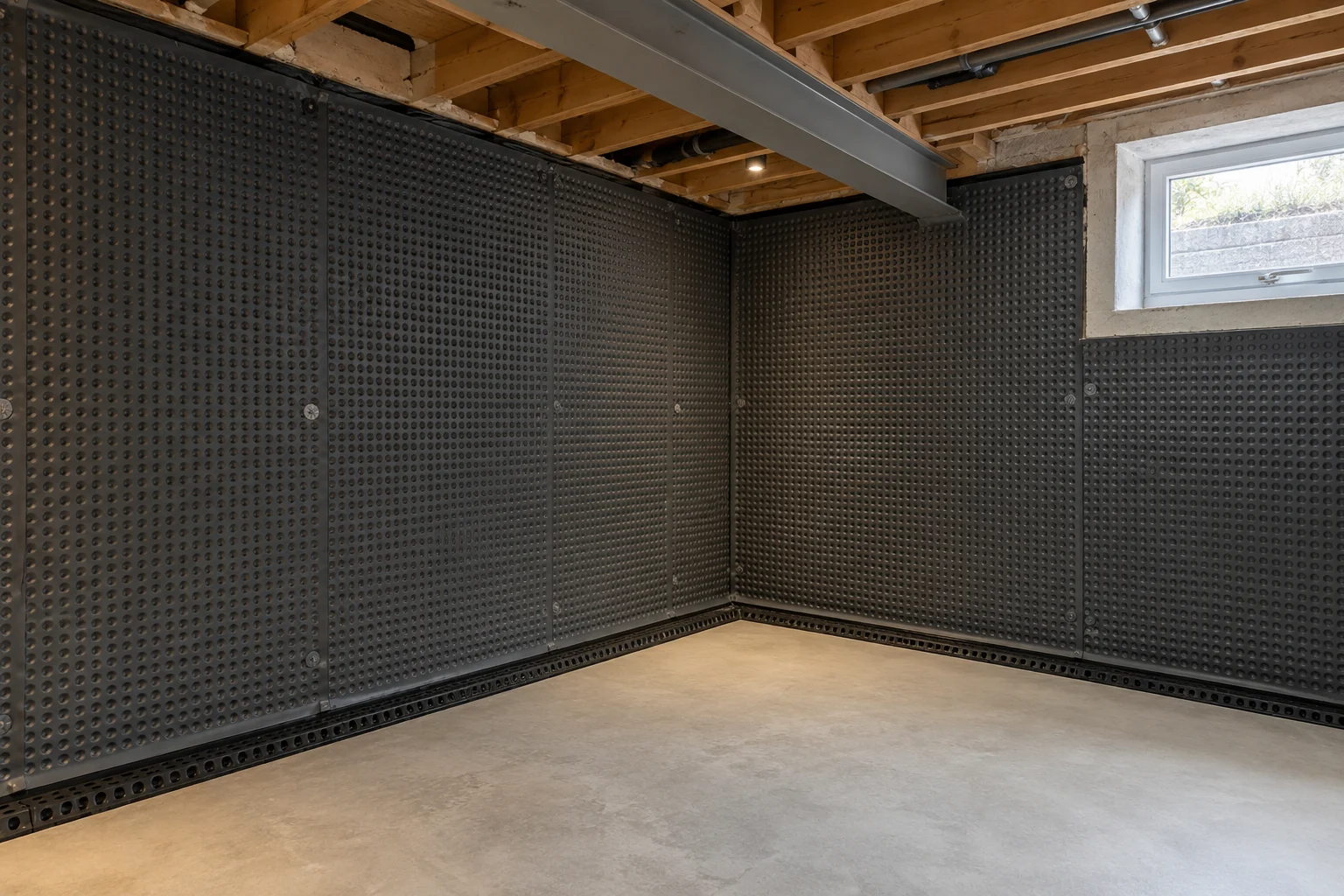 Illustrative basement cavity-drain membrane and perimeter drainage detail