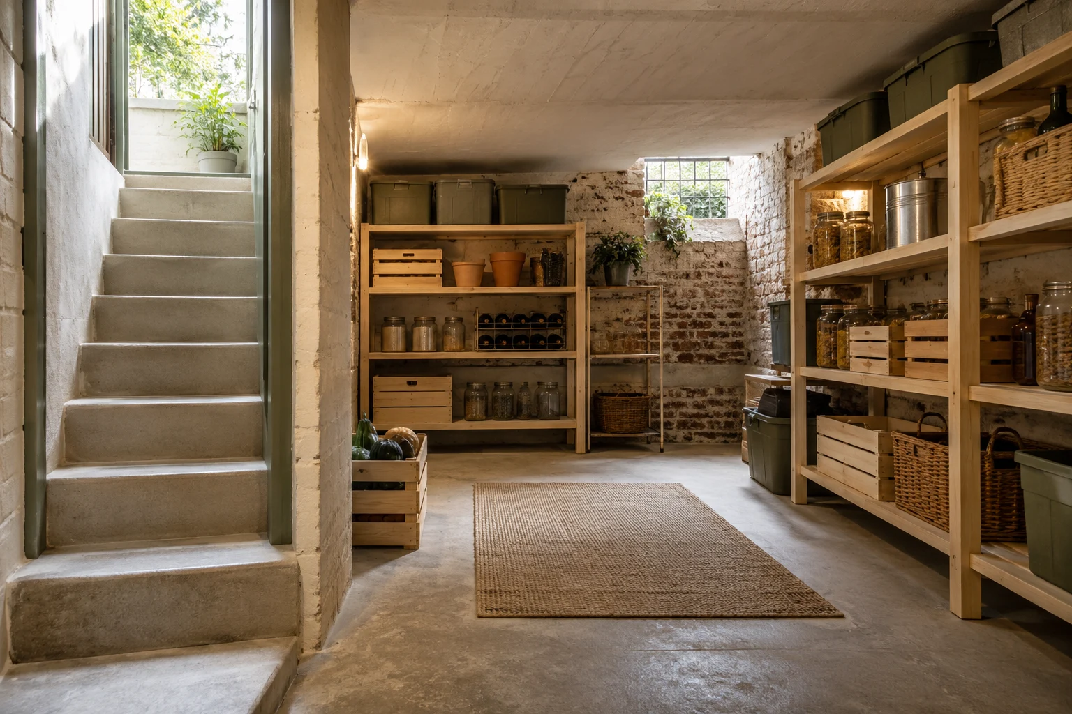 Illustrative basement interior with a stair and sunken lightwell in ivory plaster, maple and sage