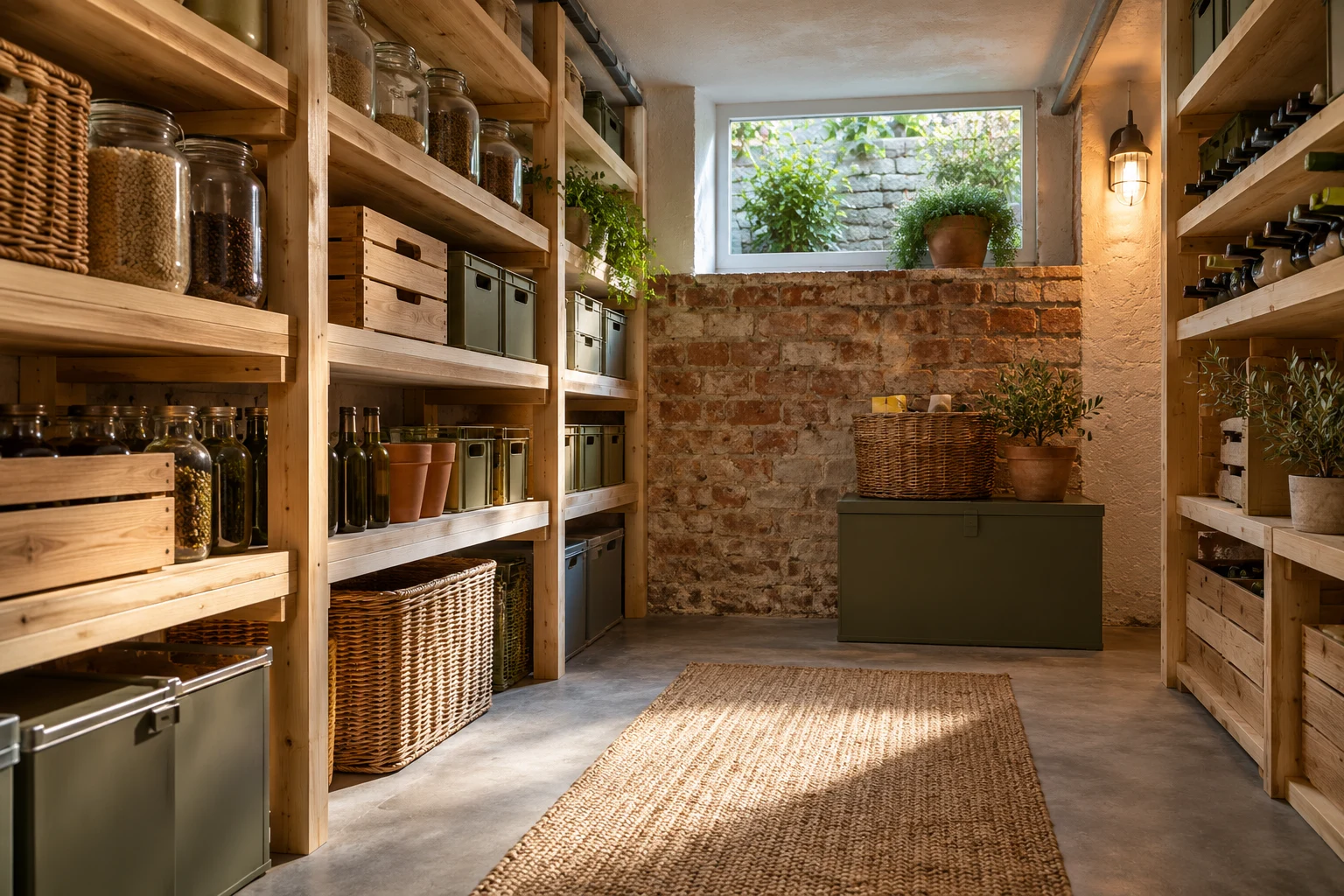 Illustrative basement seasonal storage cellar detail with integrated cabinetry, lighting and ventilation