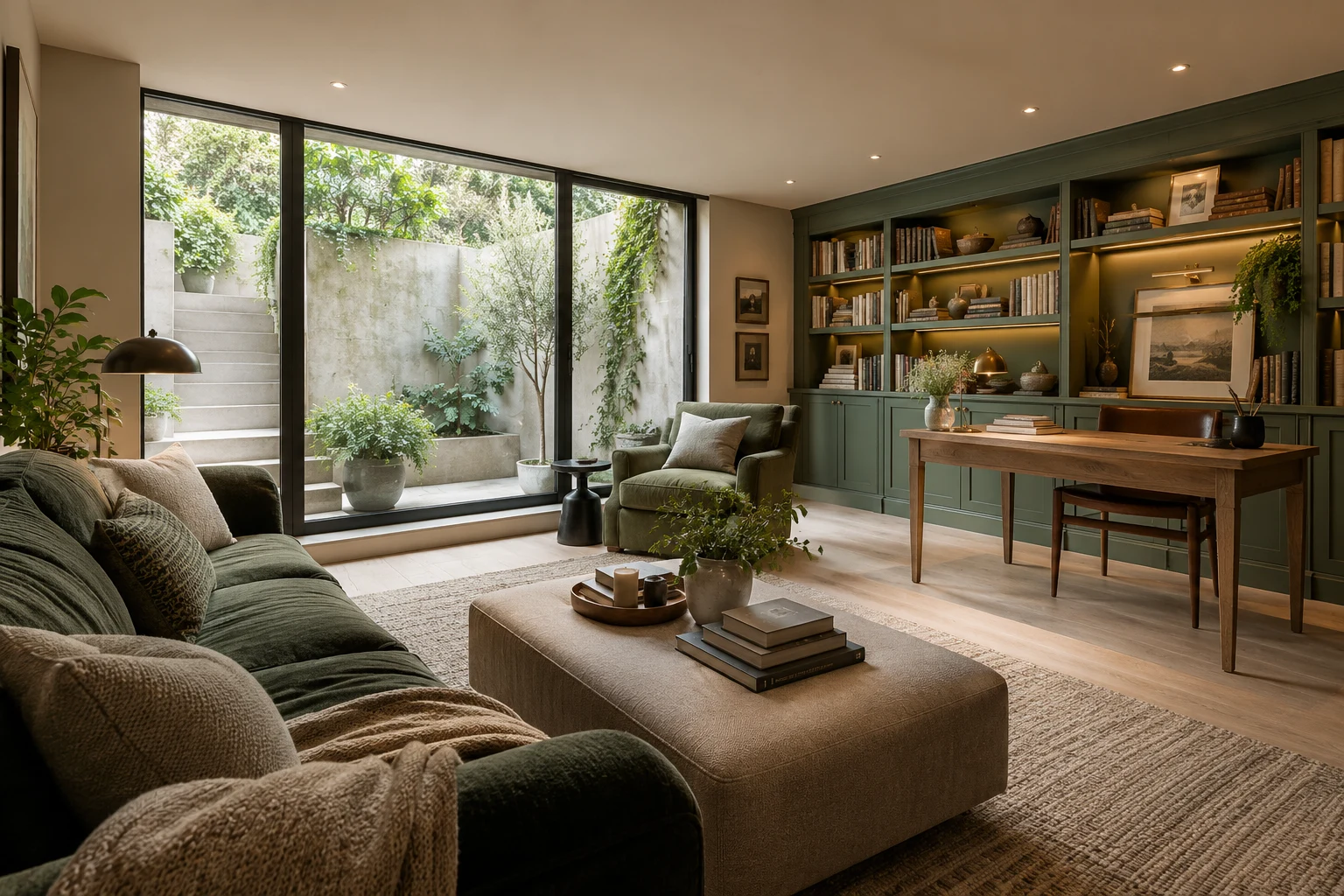 Illustrative basement reading room and study in ivory plaster, ash and bottle green