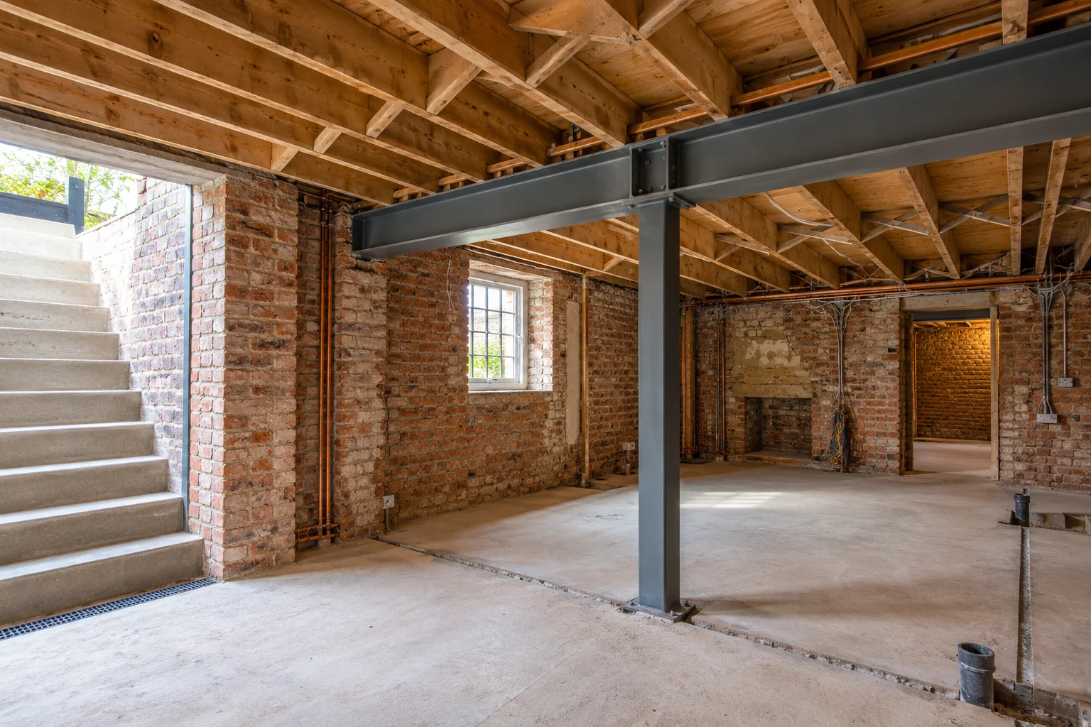 Illustrative brick basement structural preparation with a supported steel beam