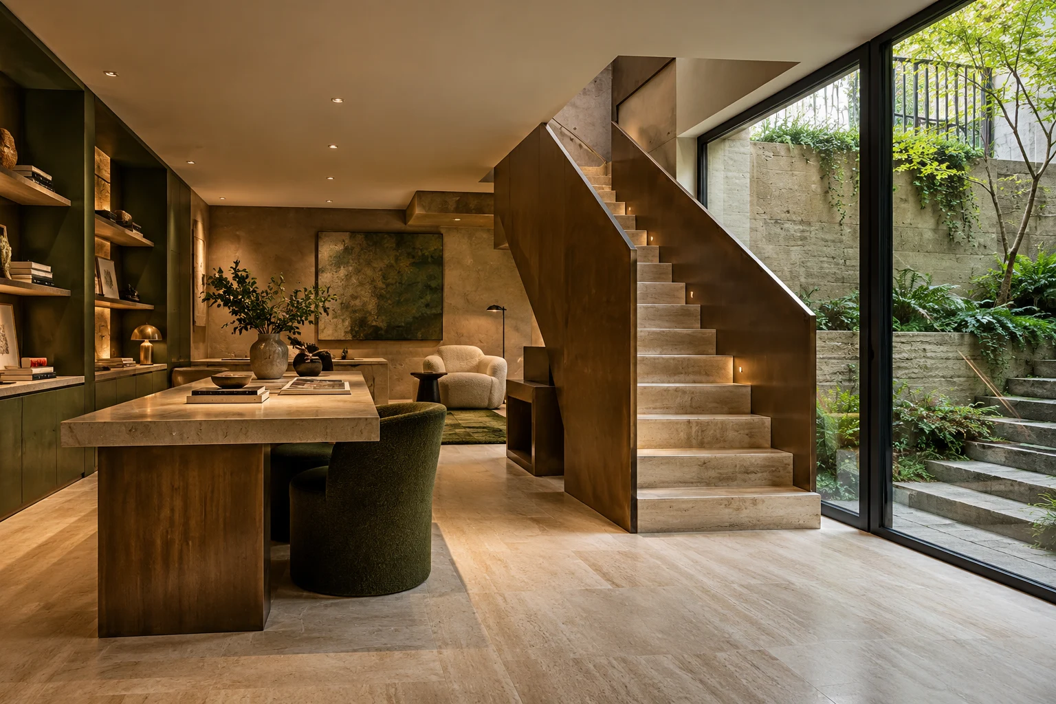 Illustrative basement interior with a stair and sunken lightwell in travertine, bronze and forest green