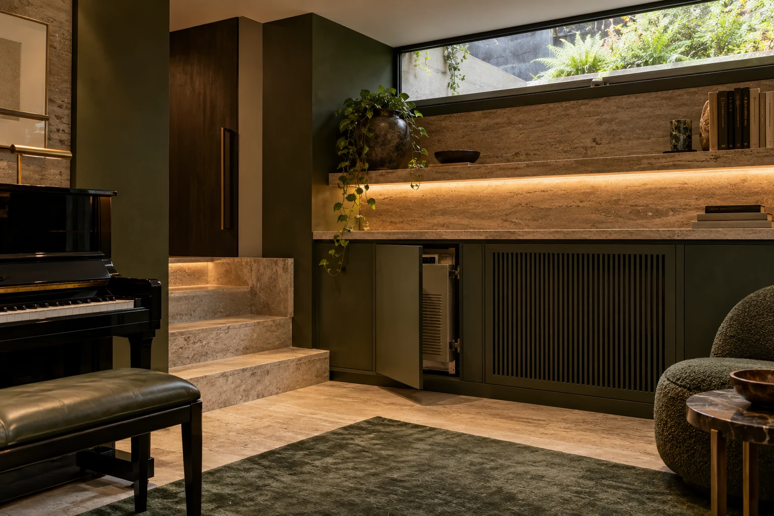 Illustrative basement creative studio detail with integrated cabinetry, lighting and ventilation