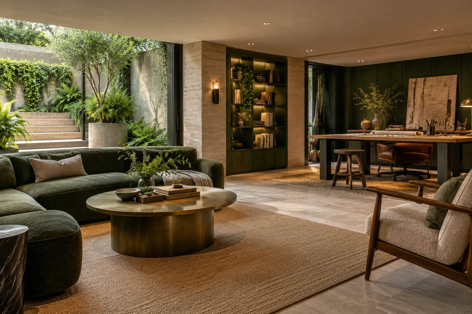 Illustrative basement creative studio in travertine, bronze and forest green