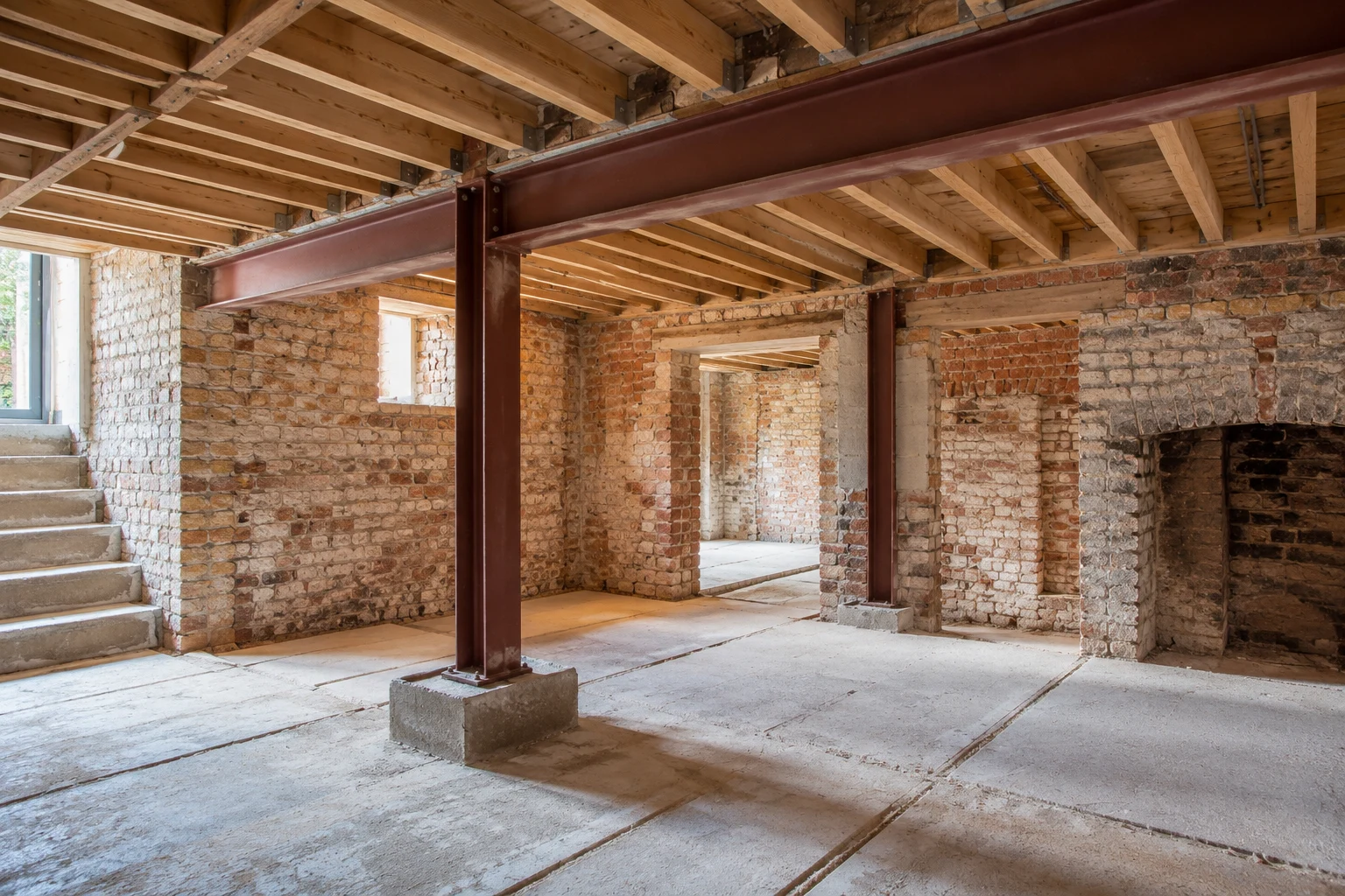Illustrative brick basement structural preparation with a supported steel beam