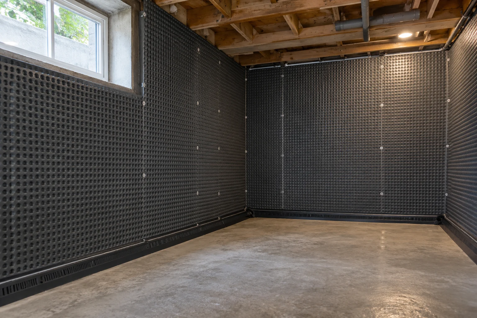 Illustrative basement cavity-drain membrane and perimeter drainage detail