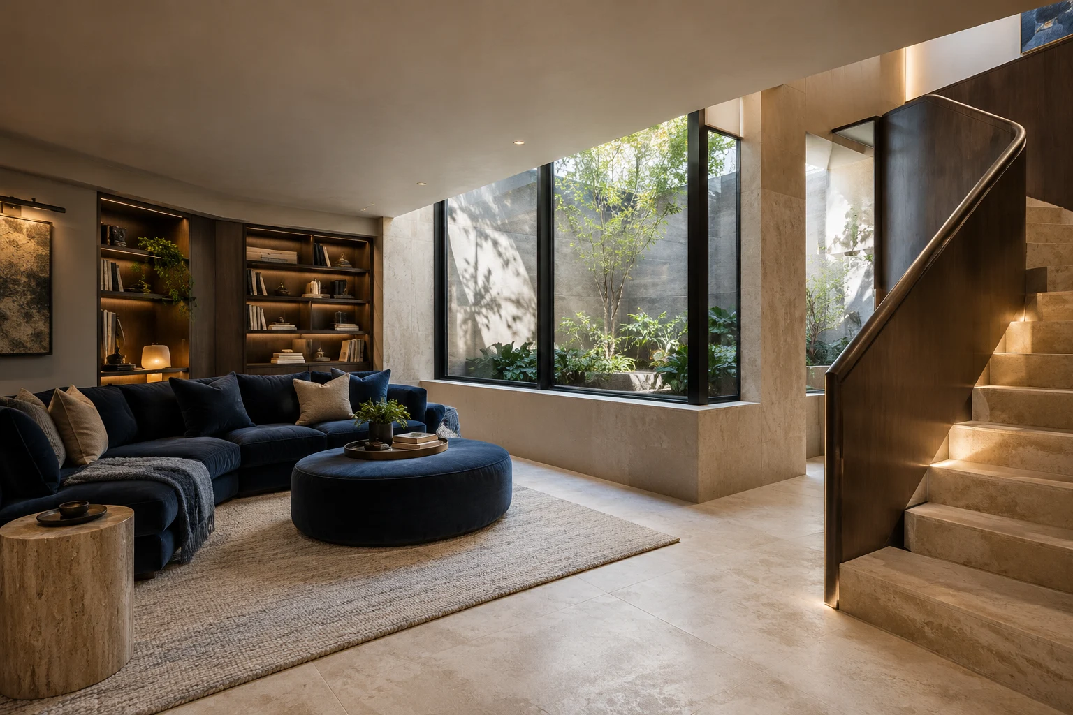 Illustrative basement interior with a stair and sunken lightwell in limestone, smoked oak and ink blue